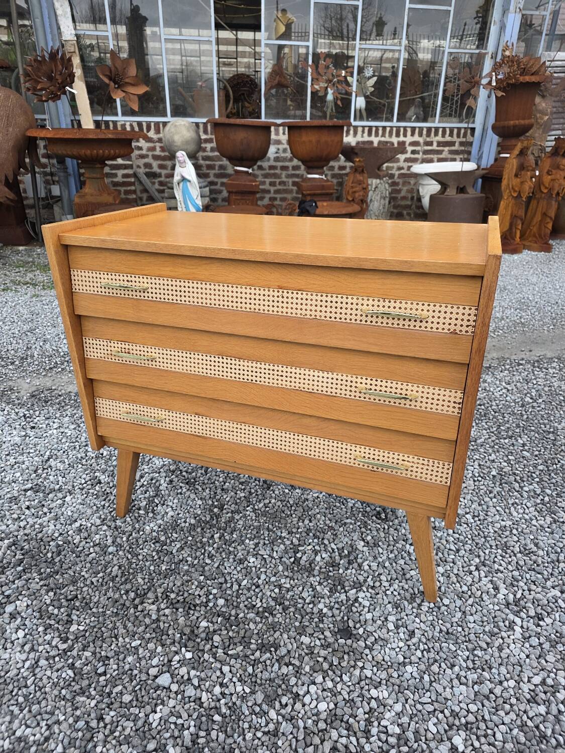 Commode vintage en chêne et cannage des années 60