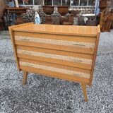 Commode vintage en chêne et cannage des années 60