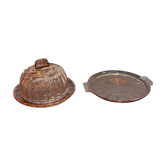 Ancienne cloche à fromage avec son plateau en verre rose et un plateau avec manche