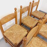 Suite of 6 vintage brutalist chairs in solid oak wood and straw from the 60s