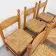 Suite of 6 vintage brutalist chairs in solid oak wood and straw from the 60s