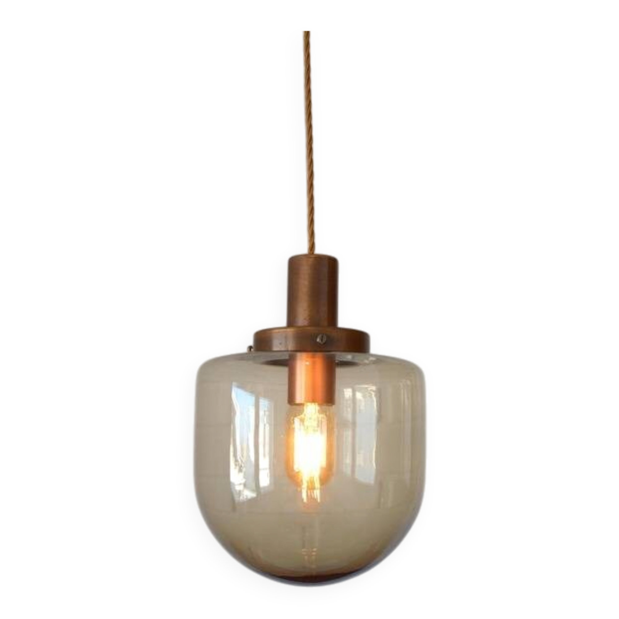 1 blown smoked glass pendant light / copper bar lamp / mid-century modern 1970s