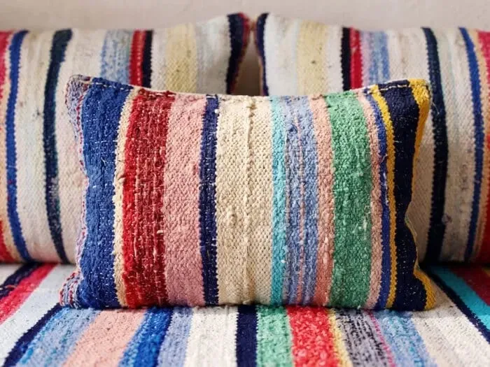 Multicoloured bohemian floor cushion – Handwoven striped recycled cotton