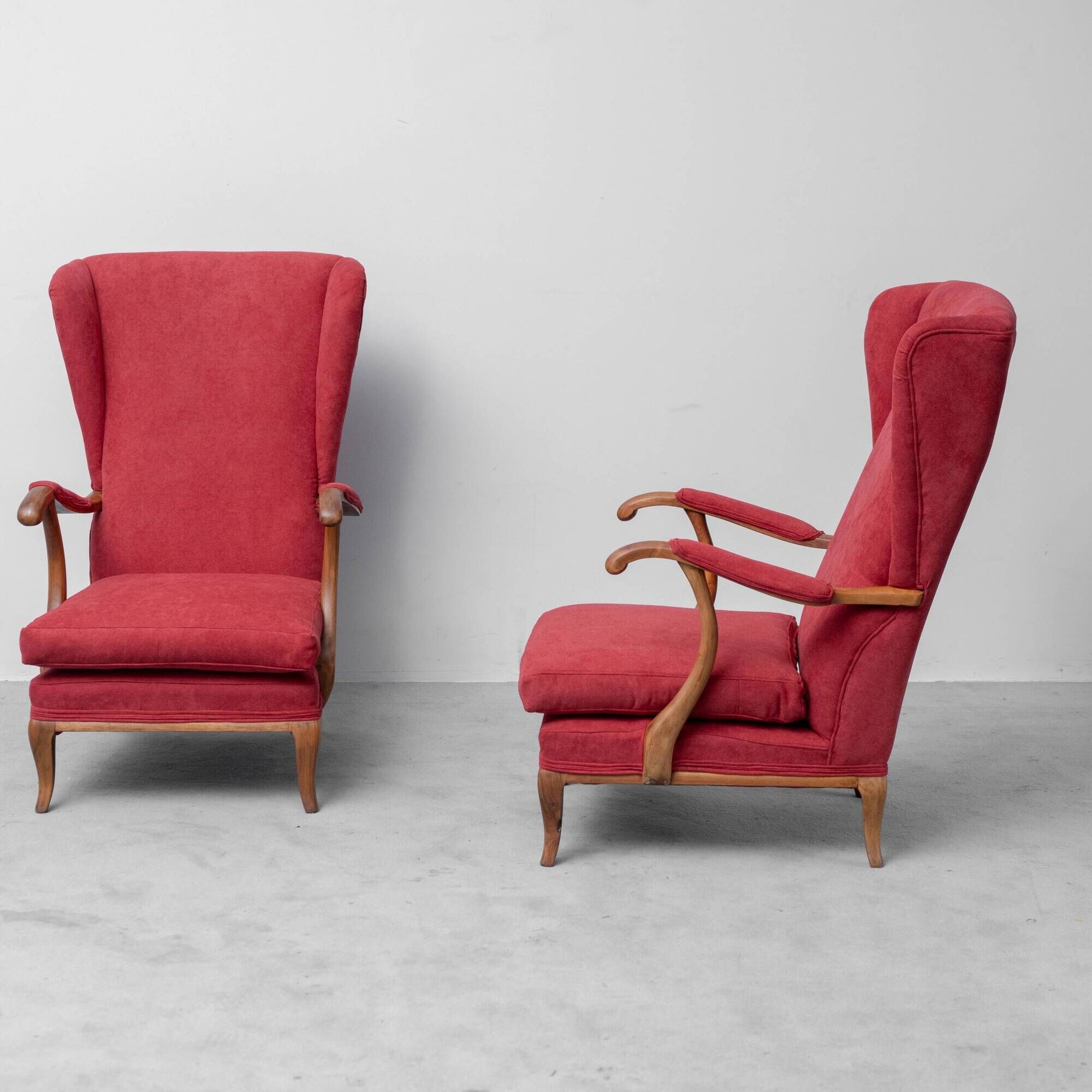 Pair of vintage armchairs attributed to Paolo Buffa in red fabric from the 1950s.