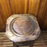 Ancien tabouret forme tonneau bois brut + cerclages métal vintage