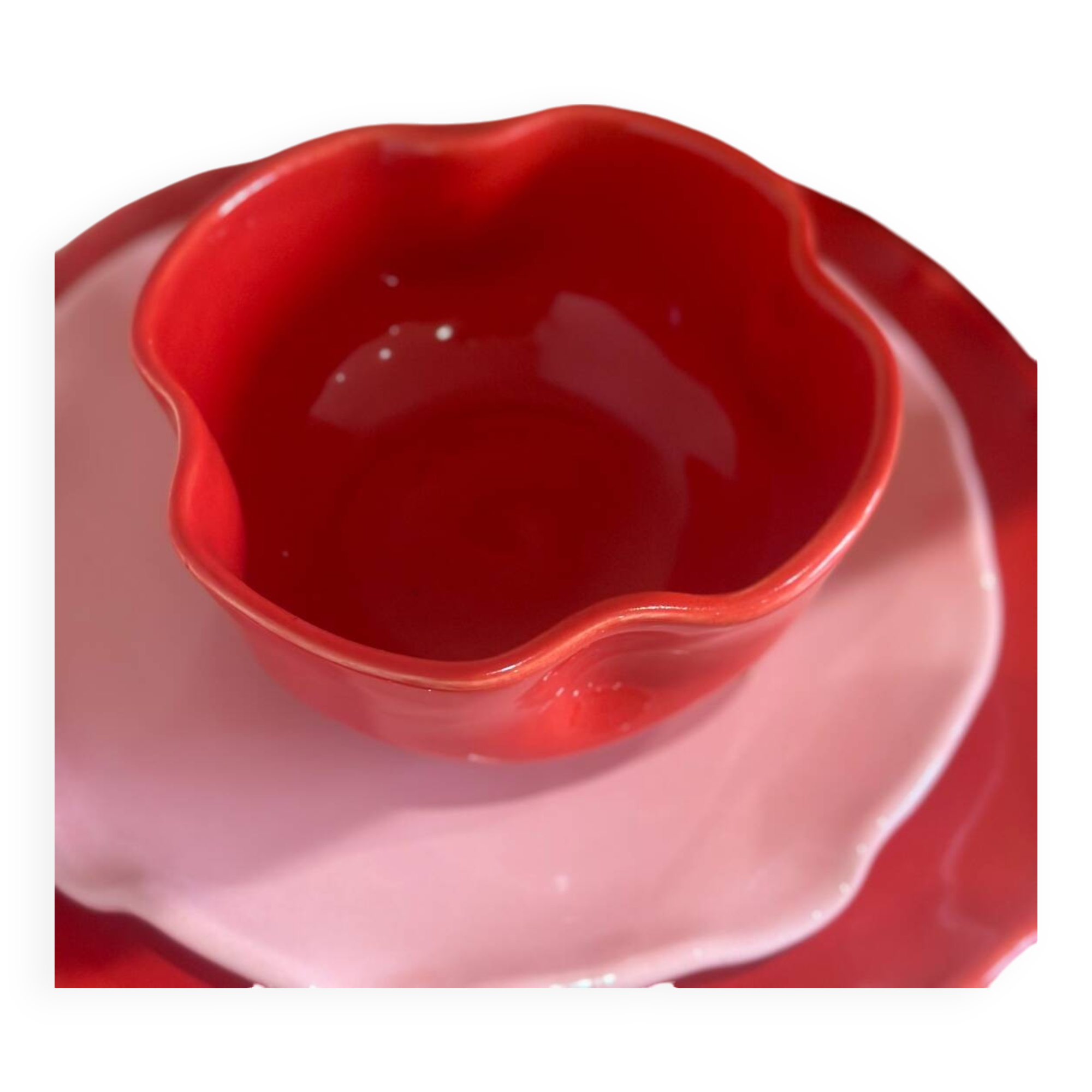 Handmade enameled ceramic bowl with red poppy clover flower