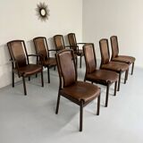 Set of 8 wooden and thick leather armchairs, Girsberger design, 80s