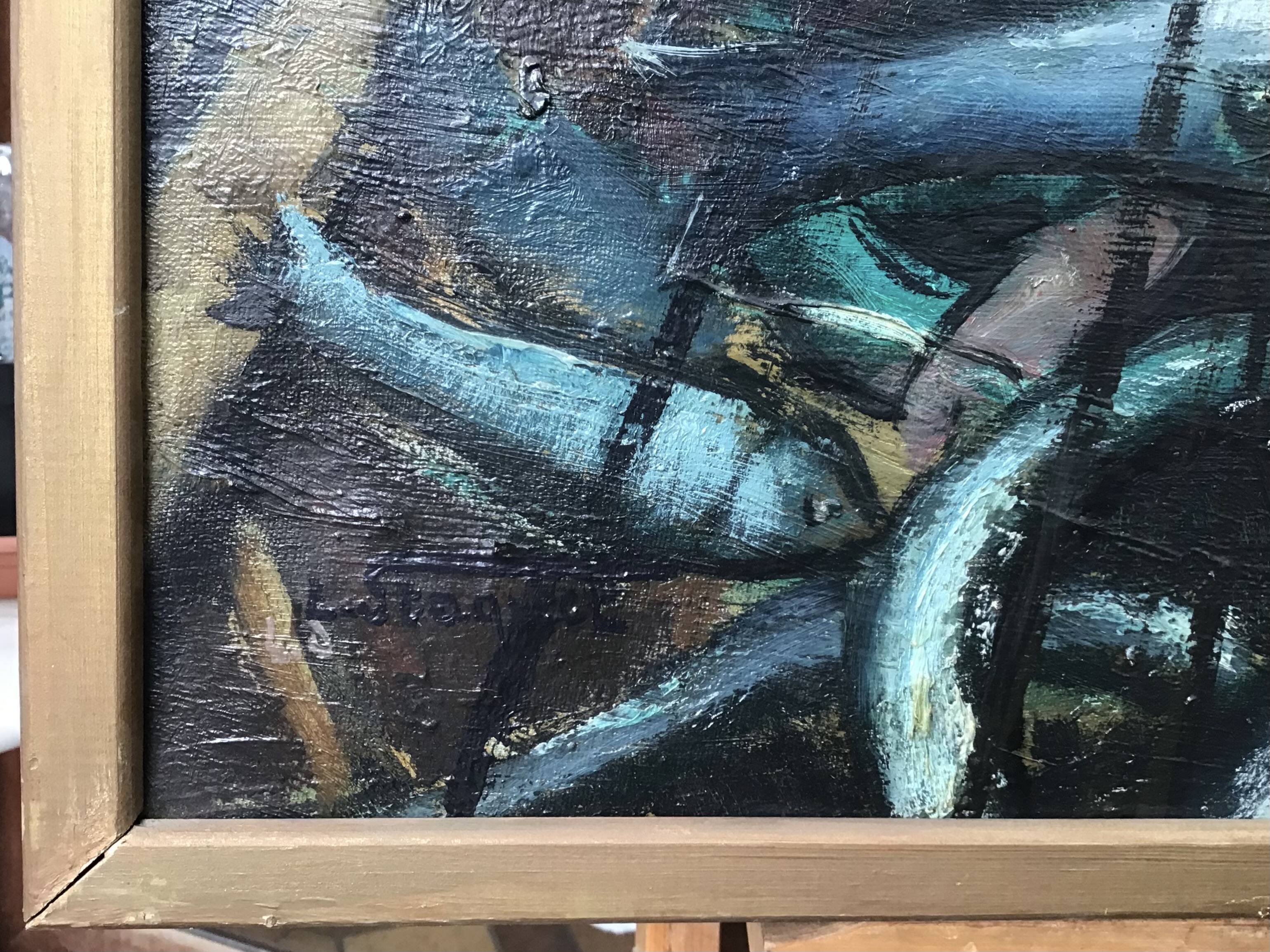 Oil on canvas - “The deck of the trawler returning from fishing” by Lucien Staquet (1911-1989)