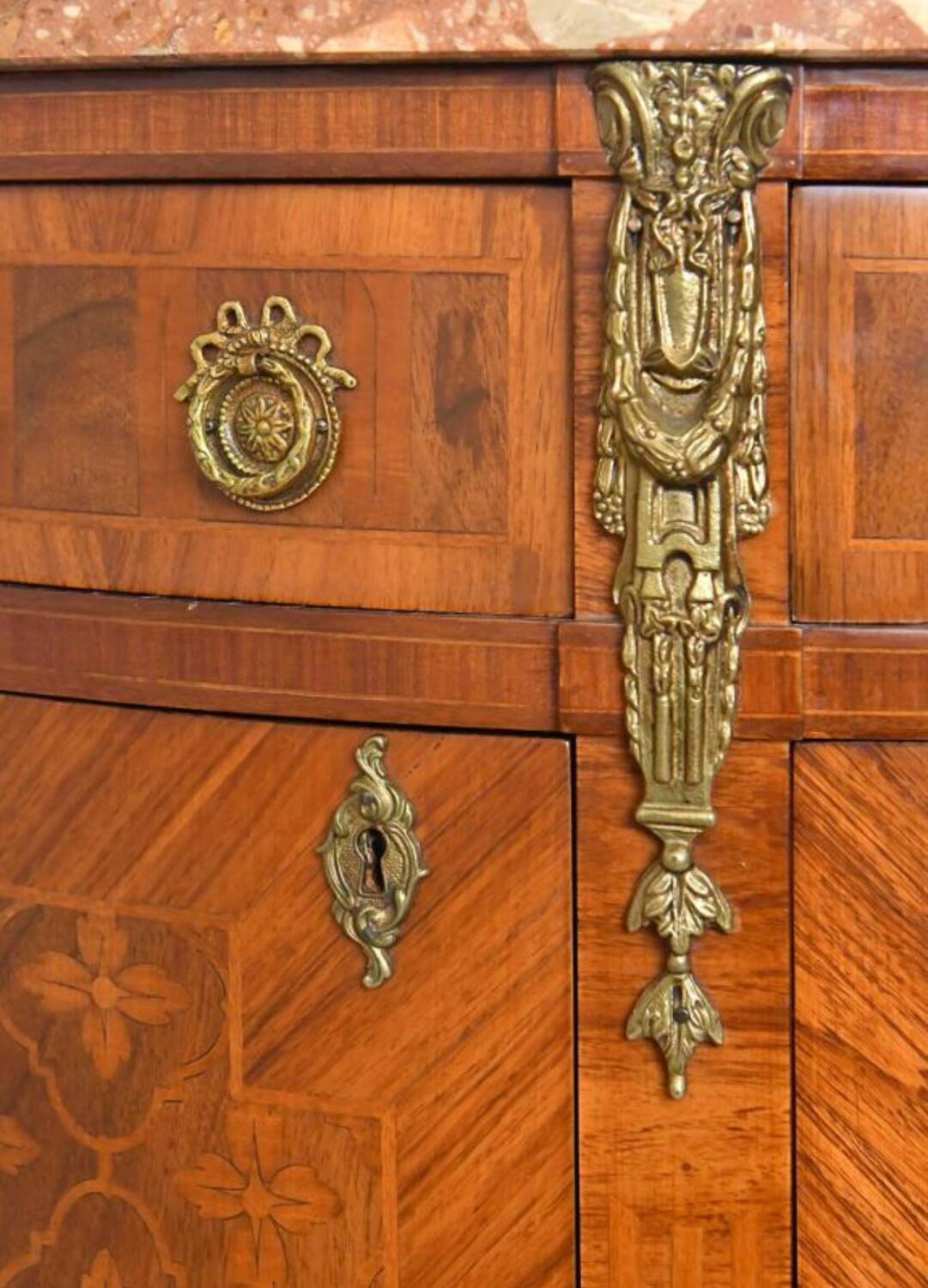 Louis XVI style half-moon marble marquetry sideboard
