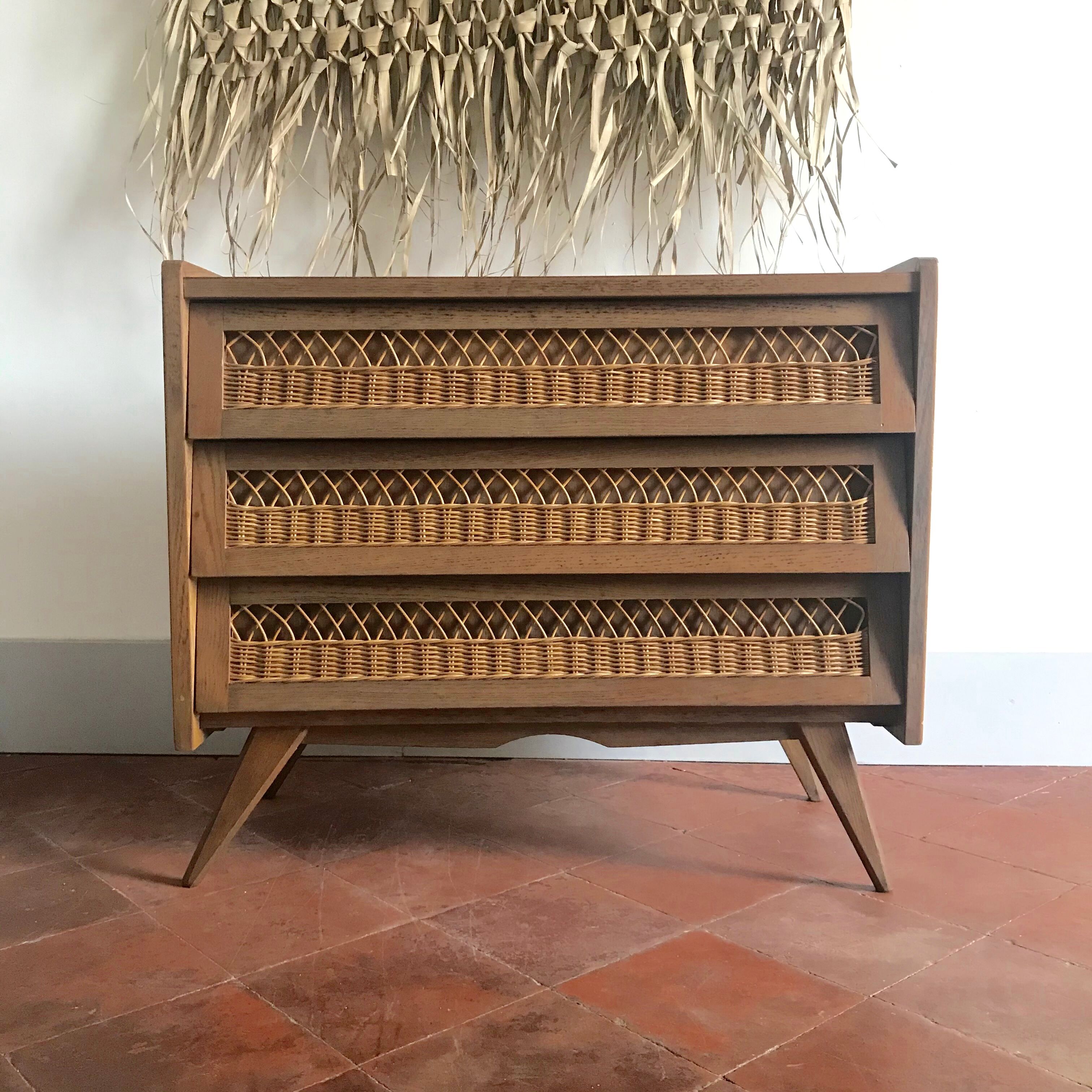 Vintage wood and rattan chest of drawers
