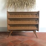 Vintage wood and rattan chest of drawers