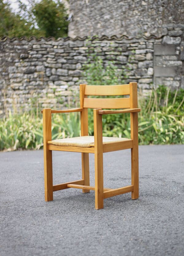 Fauteuil vintage, fauteuil bois orme Maison Regain, fauteuil paillé vintage