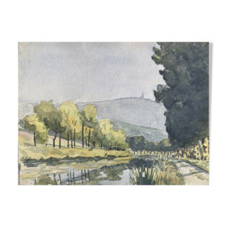 Painting "edge of the ouche" (côte d'or) jean-francois devaliere (1926-2021)