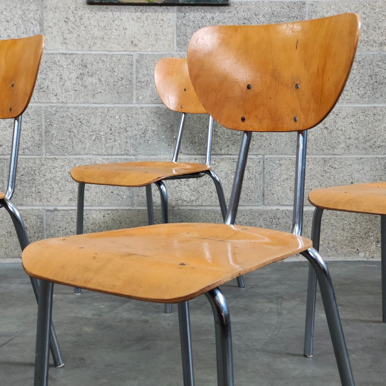 Lot de 6 chaises type ecole chrome et bois 1970