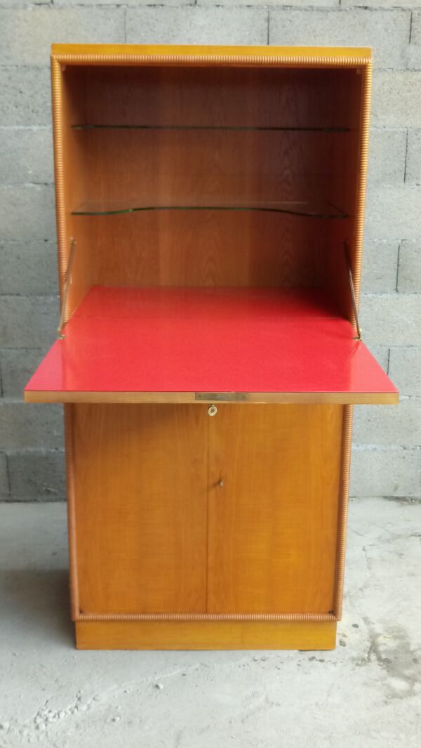 Bar travail Français formica rouge-rose et chêne circa 40 Francisque Chaleyssin