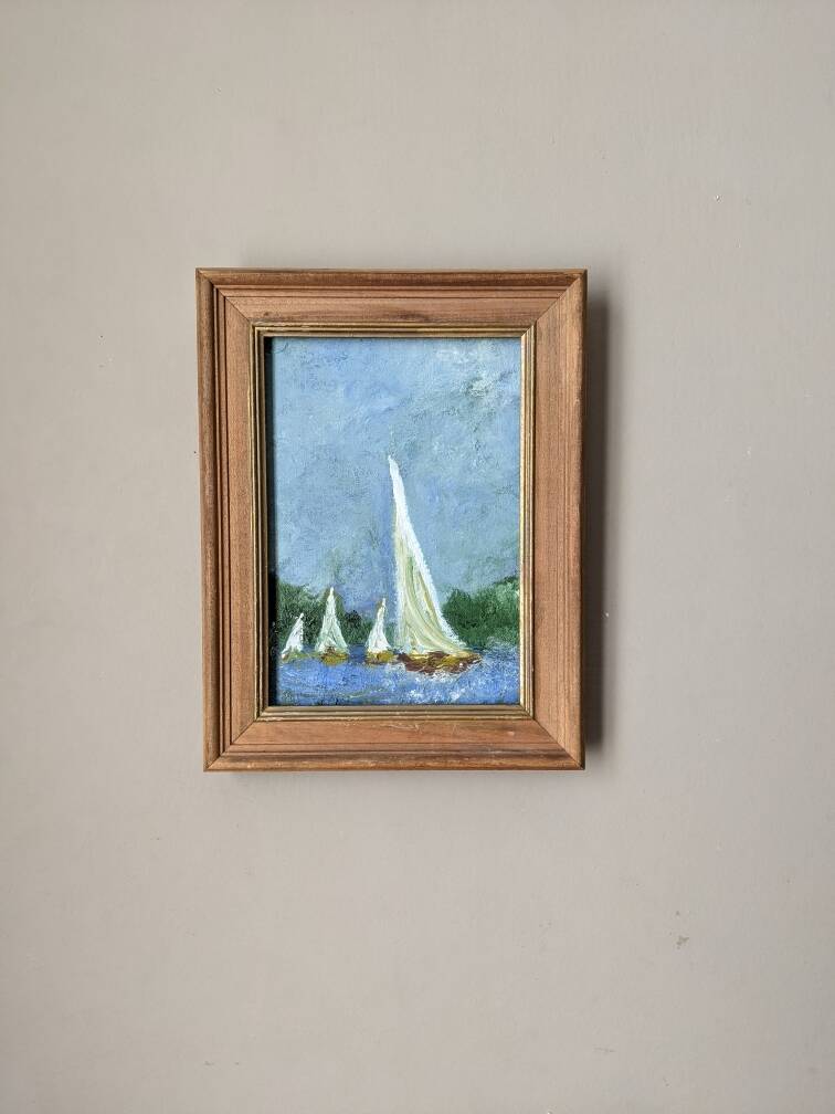 Old acrylic painting on canvas sailboats boats seaside