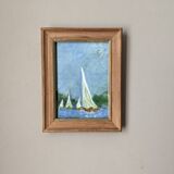 Old acrylic painting on canvas sailboats boats seaside