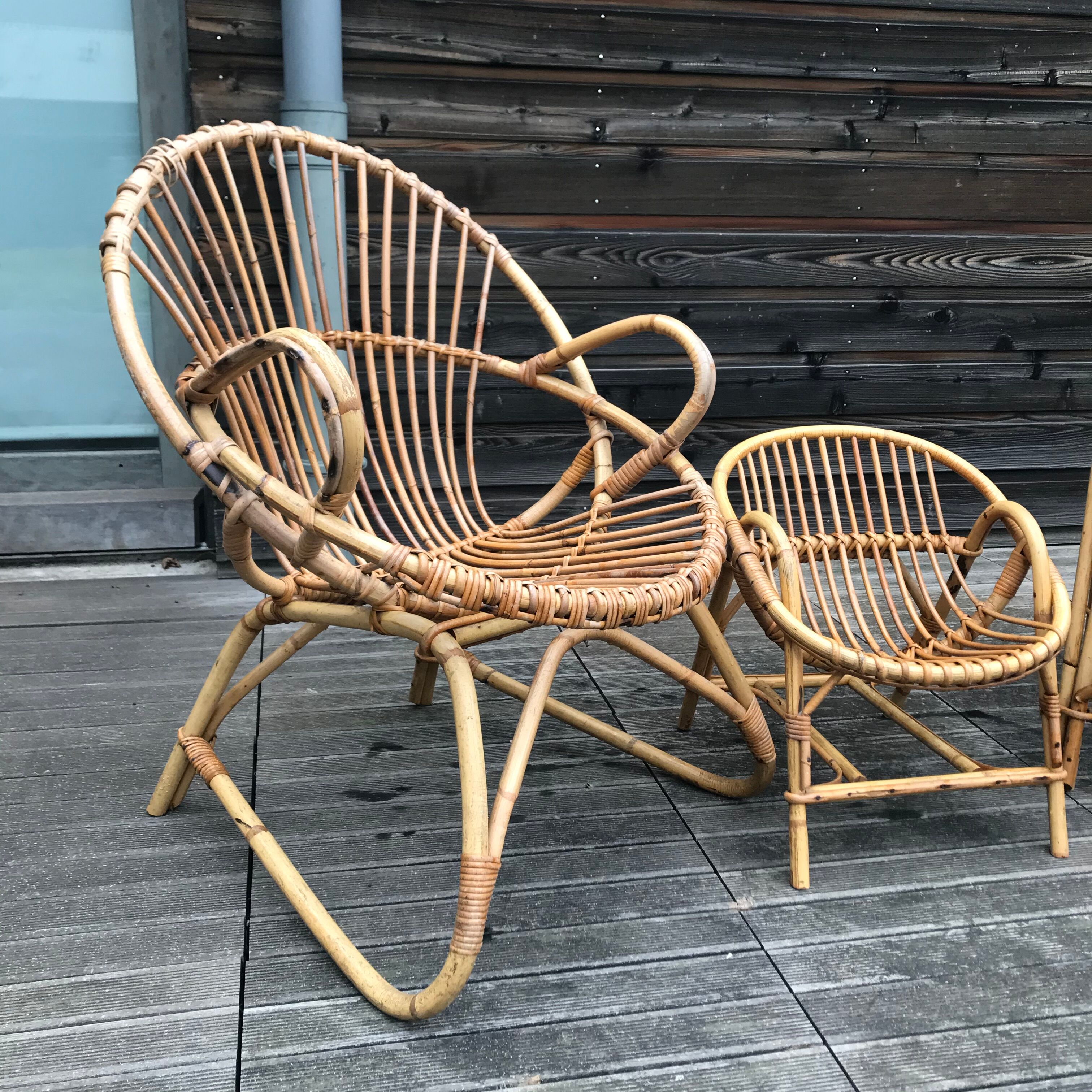 Rattan and vintage bamboo set 3 chairs