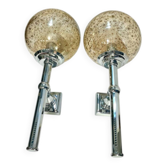 Paire d'appliques murales vintage en verre et chrome – 35 cm (H) x 15 cm (P)