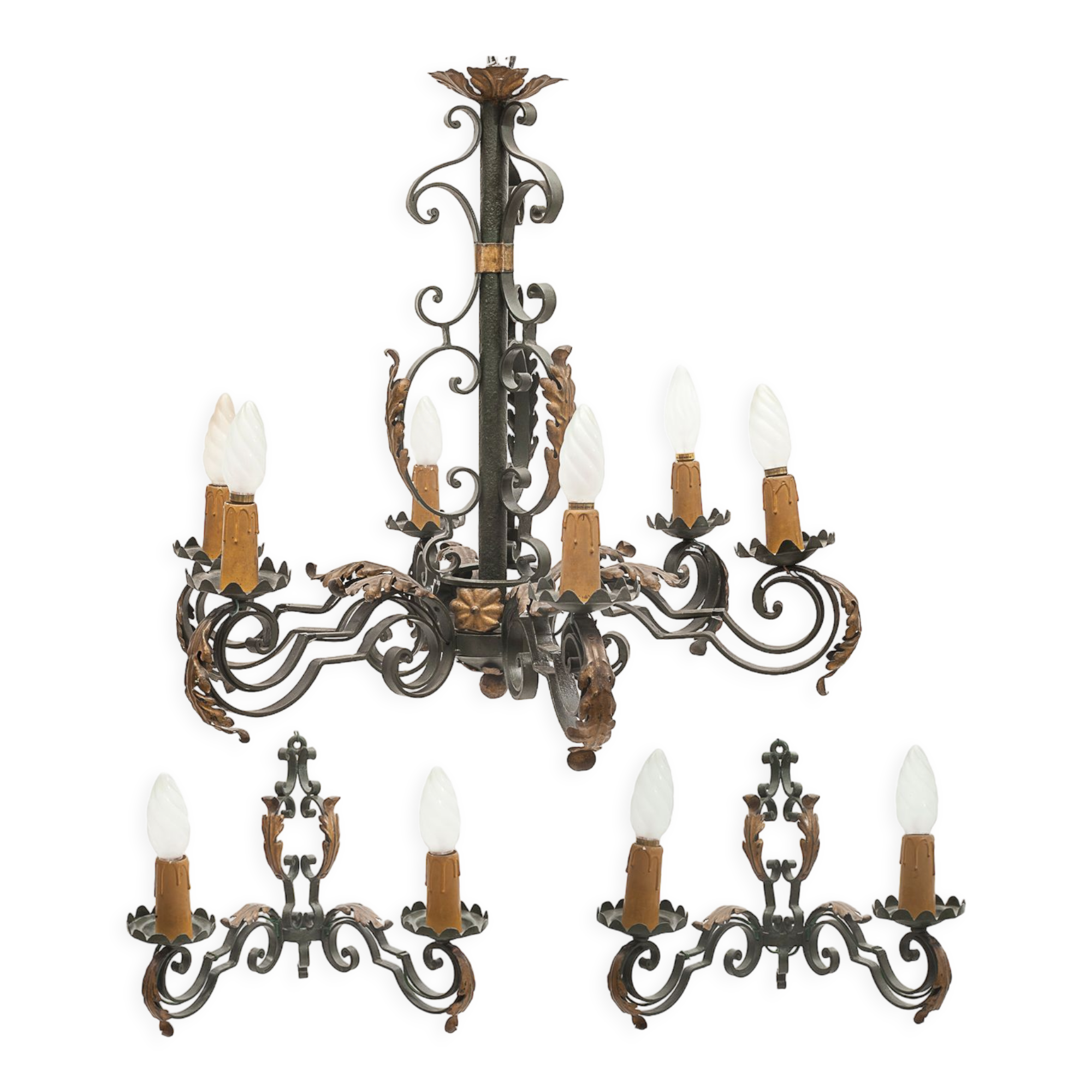 Large chandelier set and 2 appliques, Poillerat, 1950
