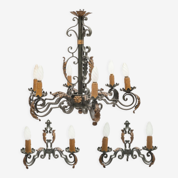 Large chandelier set and 2 appliques, Poillerat, 1950