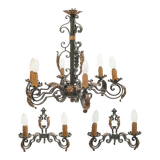 Large chandelier set and 2 appliques, Poillerat, 1950