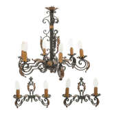 Ensemble grand lustre et 2 appliques, Poillerat, 1950