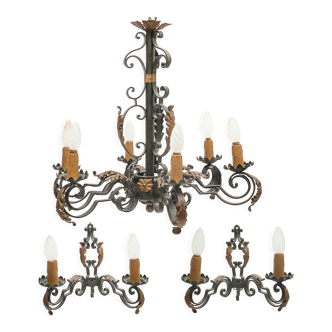 Large chandelier set and 2 appliques, Poillerat, 1950