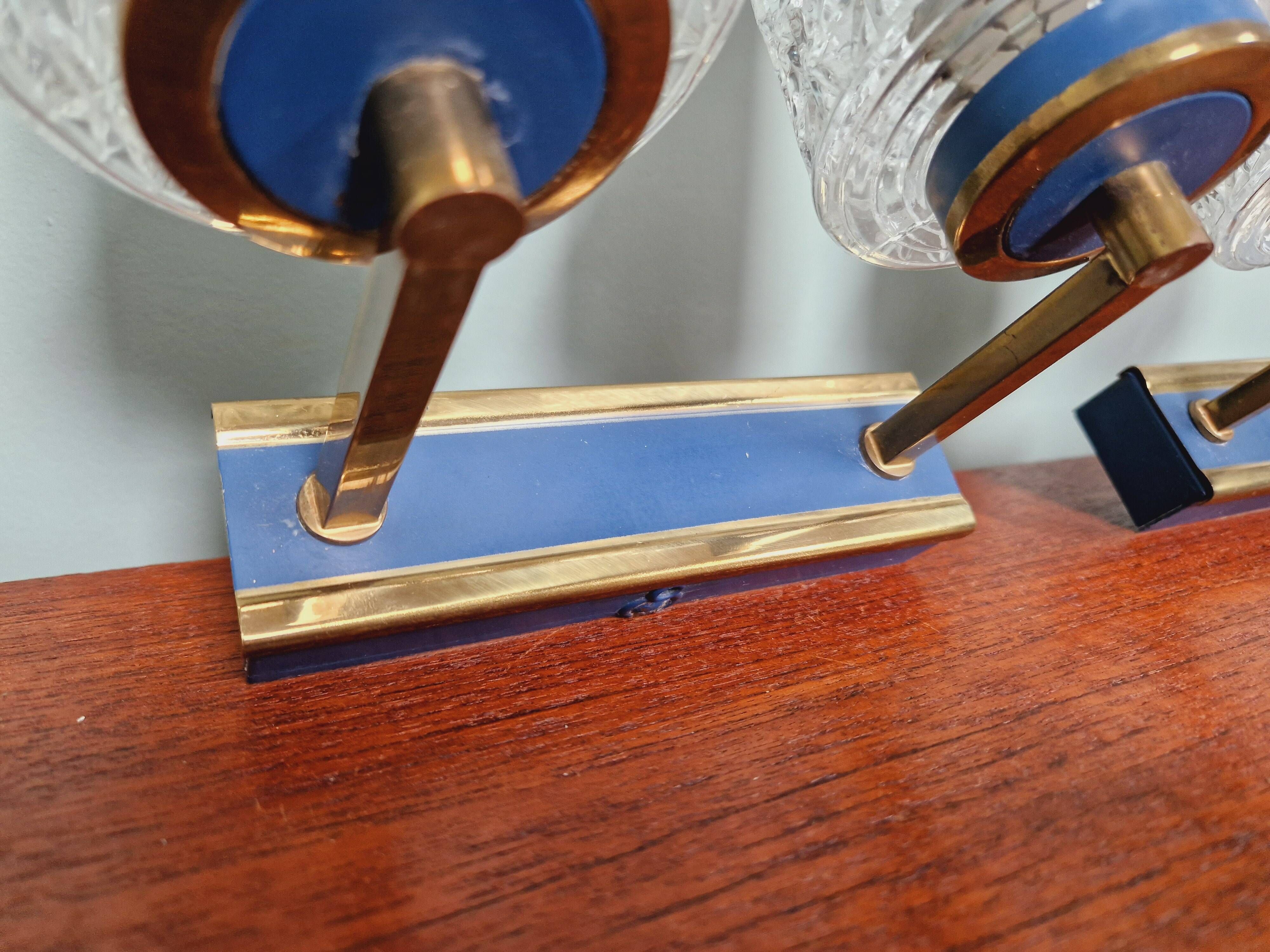 Pair of double wall lights in glass and blue lacquered metal, 1950s-60s