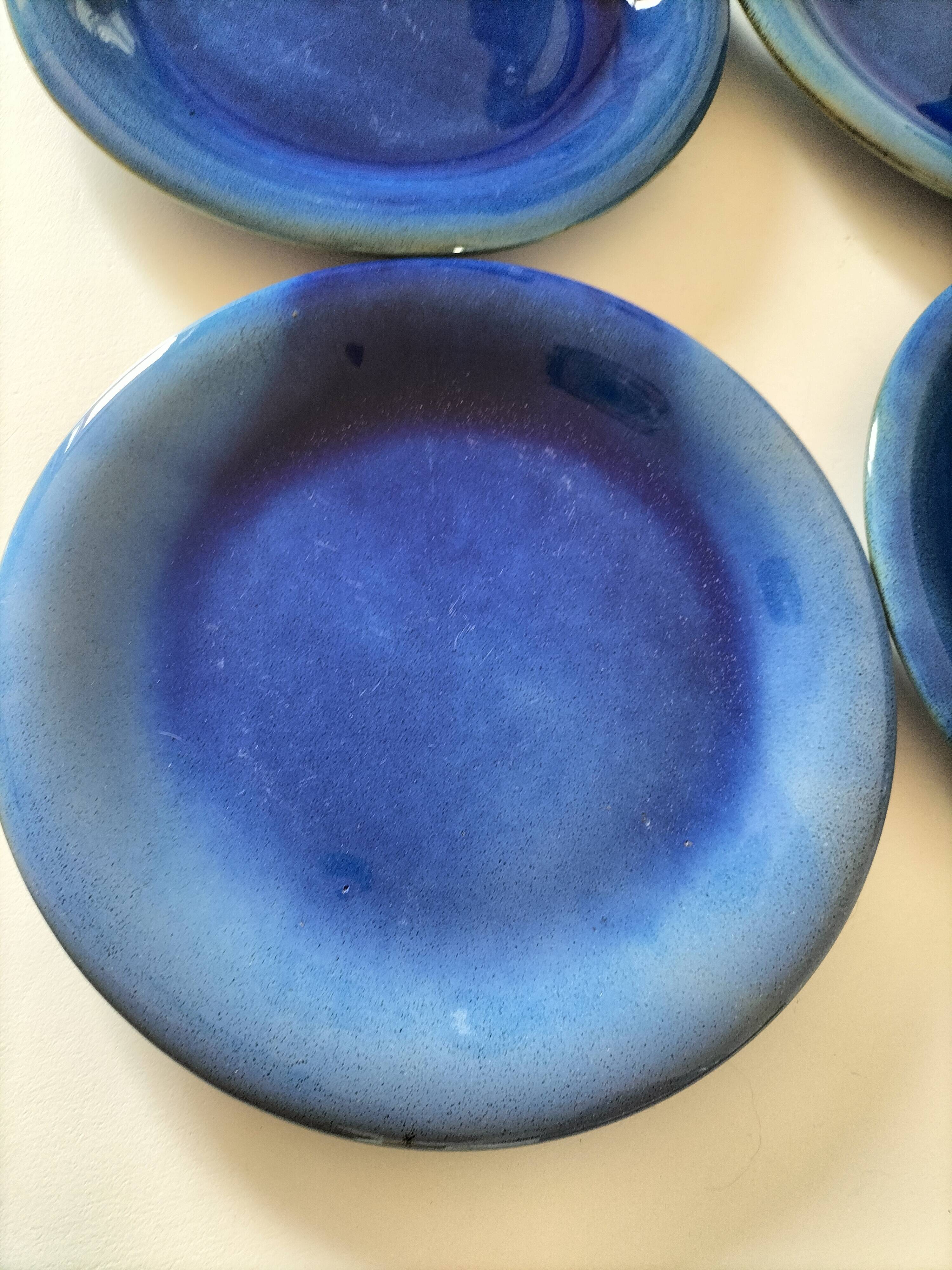 6 assiettes en grès émaillé – bleu cobalt & turquoise