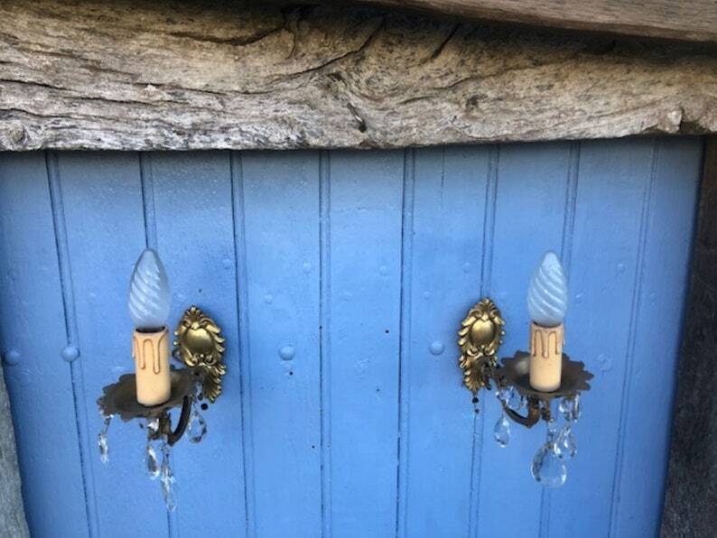 Vintage French Crystal Wall Sconces: Victorian Bronze & Brass Pair