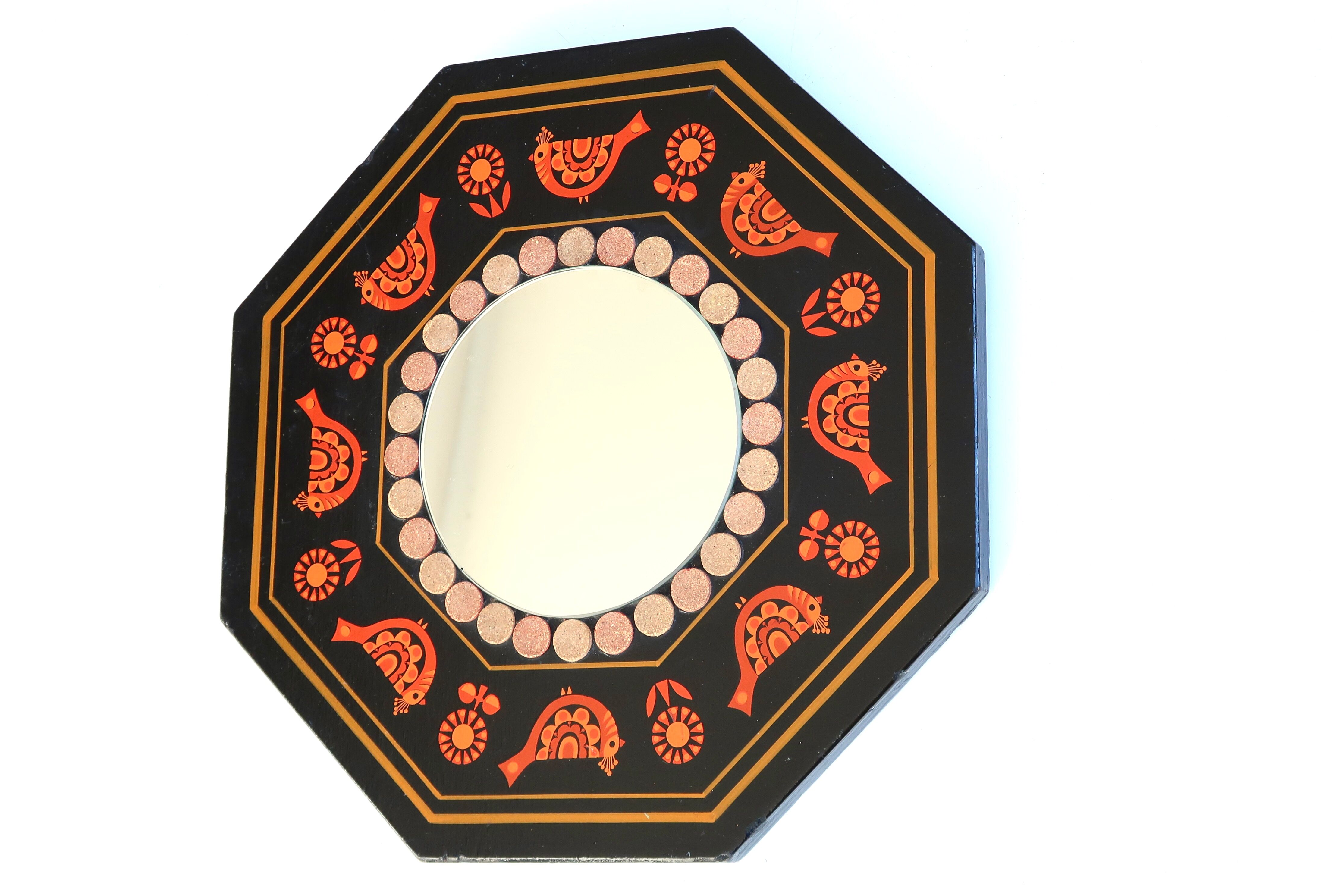 Mexican wooden mirror decorated with birds, 70s