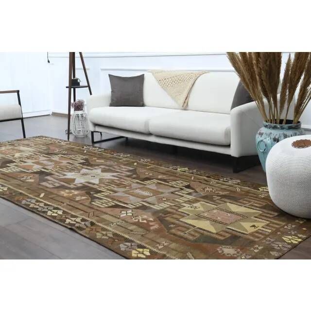 1970s Vintage Turkish Hand-Knotted Wool Cotton Brown Runner Rug 150x390