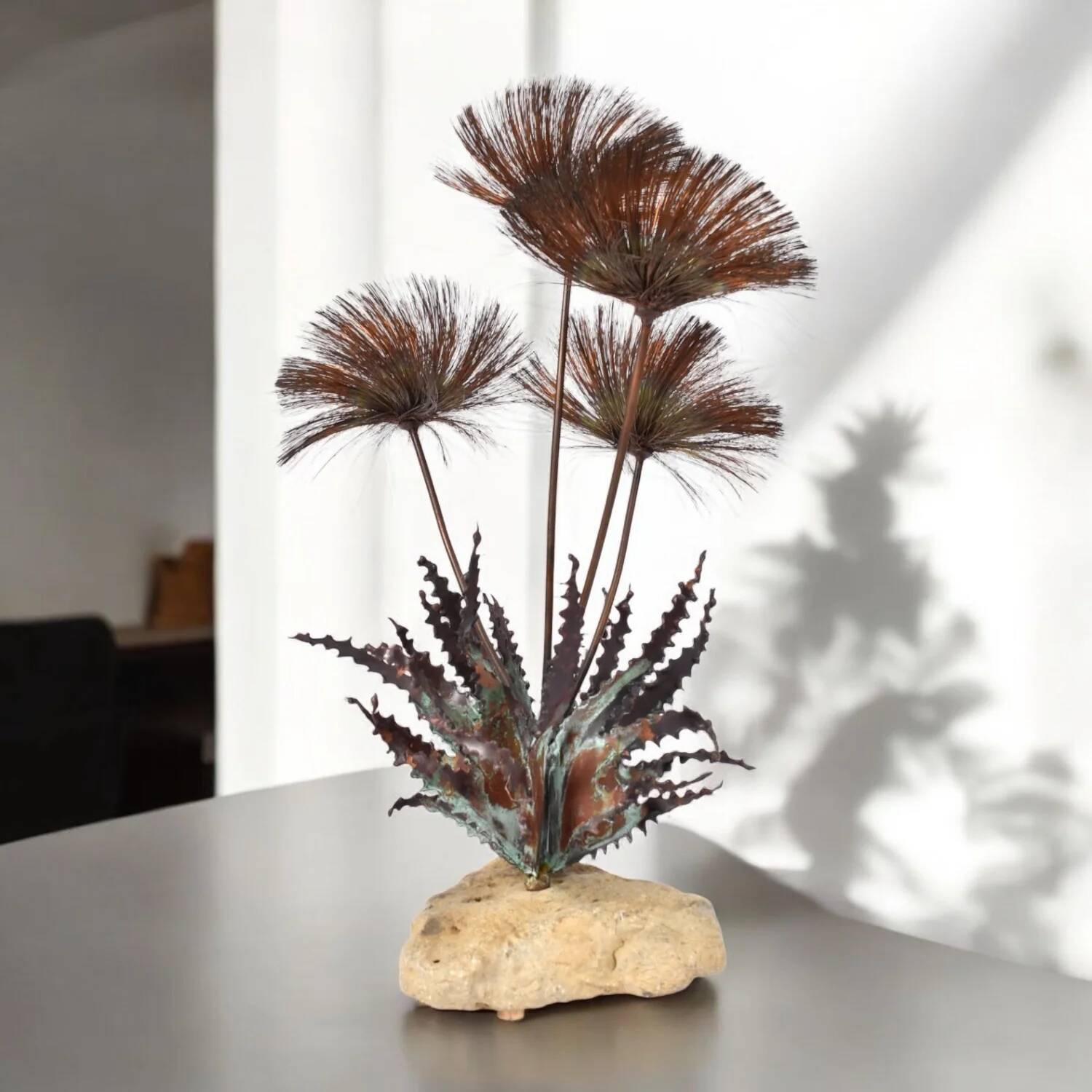 John Steck Desert Rose Metal and Stone Vintage Brutalist Sculpture