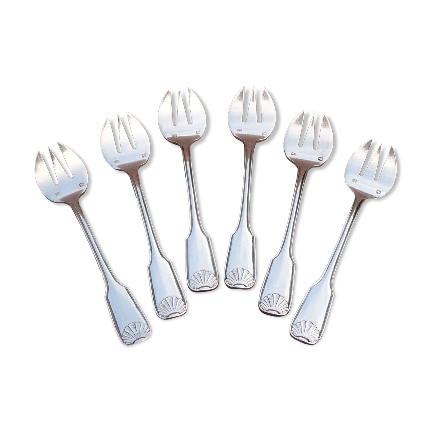 6 silver metal oyster forks shell model