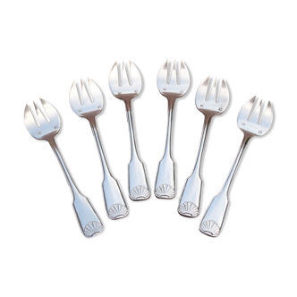 6 silver metal oyster forks shell model