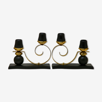 Pair of art deco candlesticks in wood and brass, 1930s