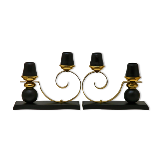 Pair of art deco candlesticks in wood and brass, 1930s