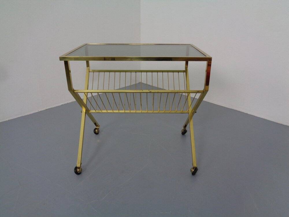 French brass and glass cart with magazine rack, 1960s