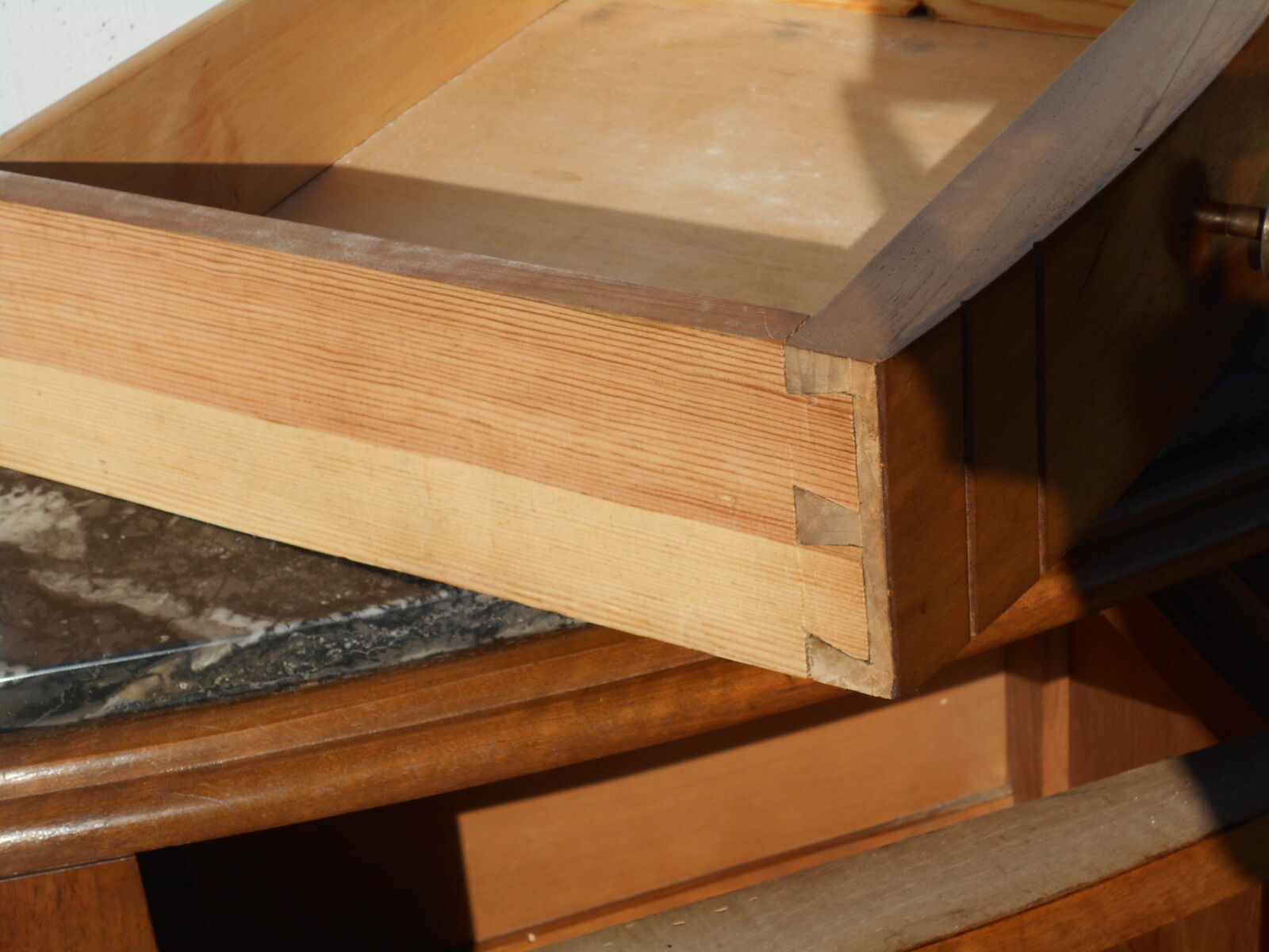 Solid walnut bedside table with marble plan, 50's