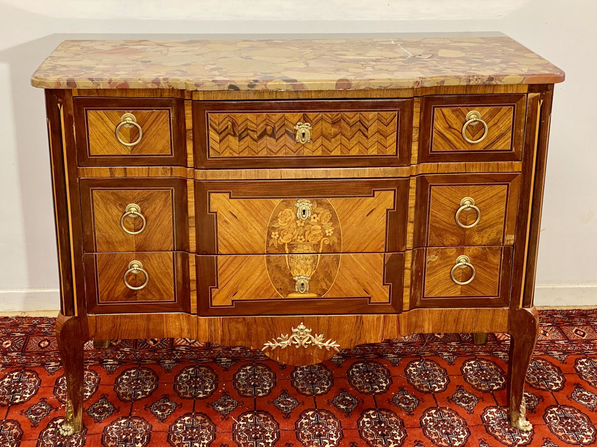Chest of drawers Transition Style Louis XV marquetry and bronze