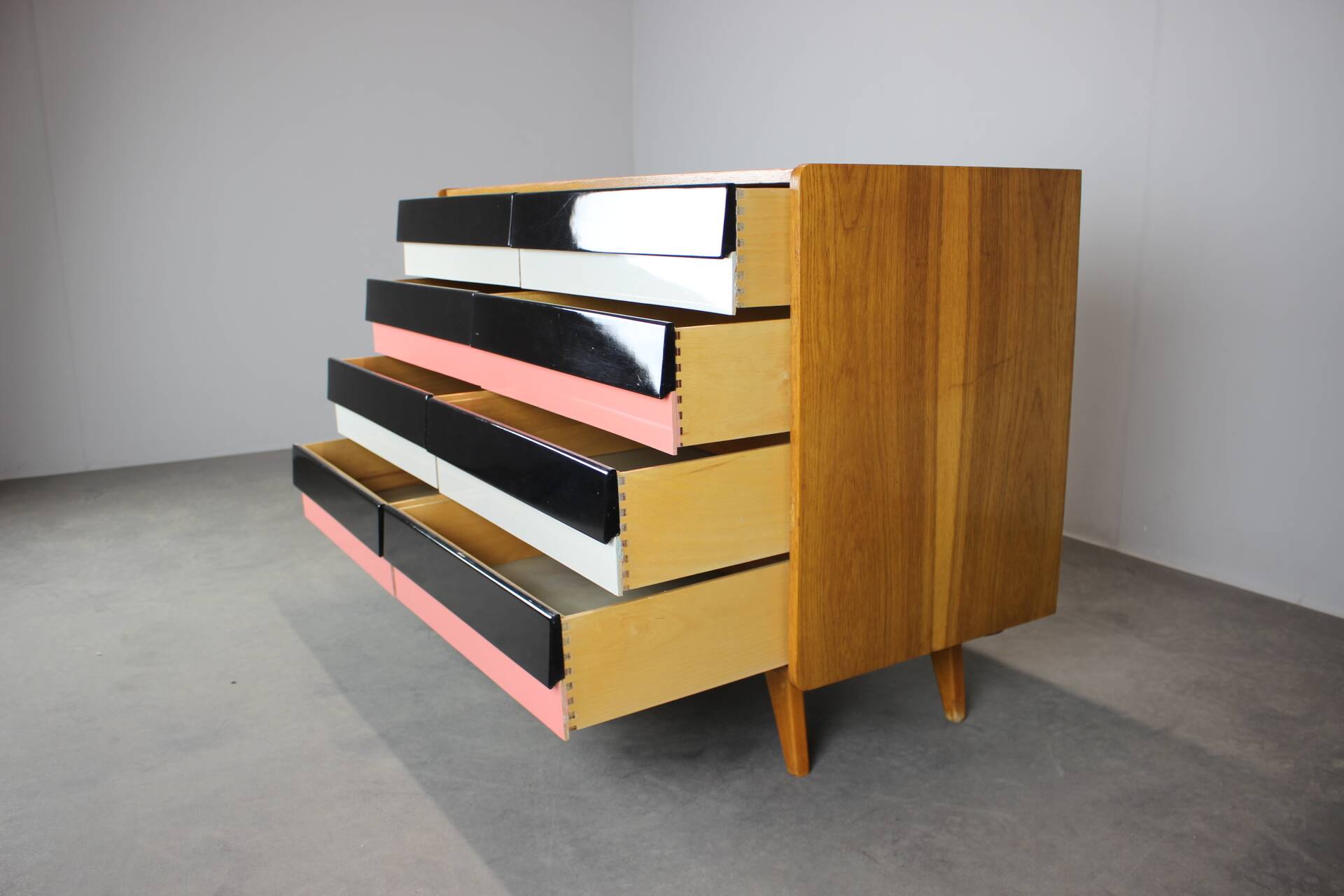 Restored 1960 chest of drawers by Jiroutek in oak with color-block drawers