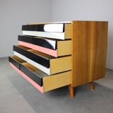 Restored 1960 chest of drawers by Jiroutek in oak with color-block drawers