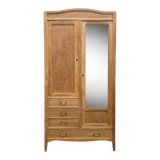 Parisian hotel wardrobe with bevelled mirror, solid raw oak, 1920.