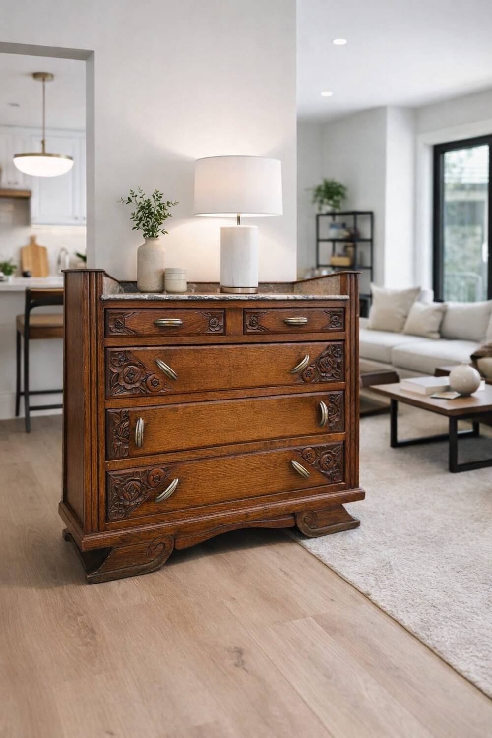 Art Deco chest of drawers, marble top, solid oak, dressing table
