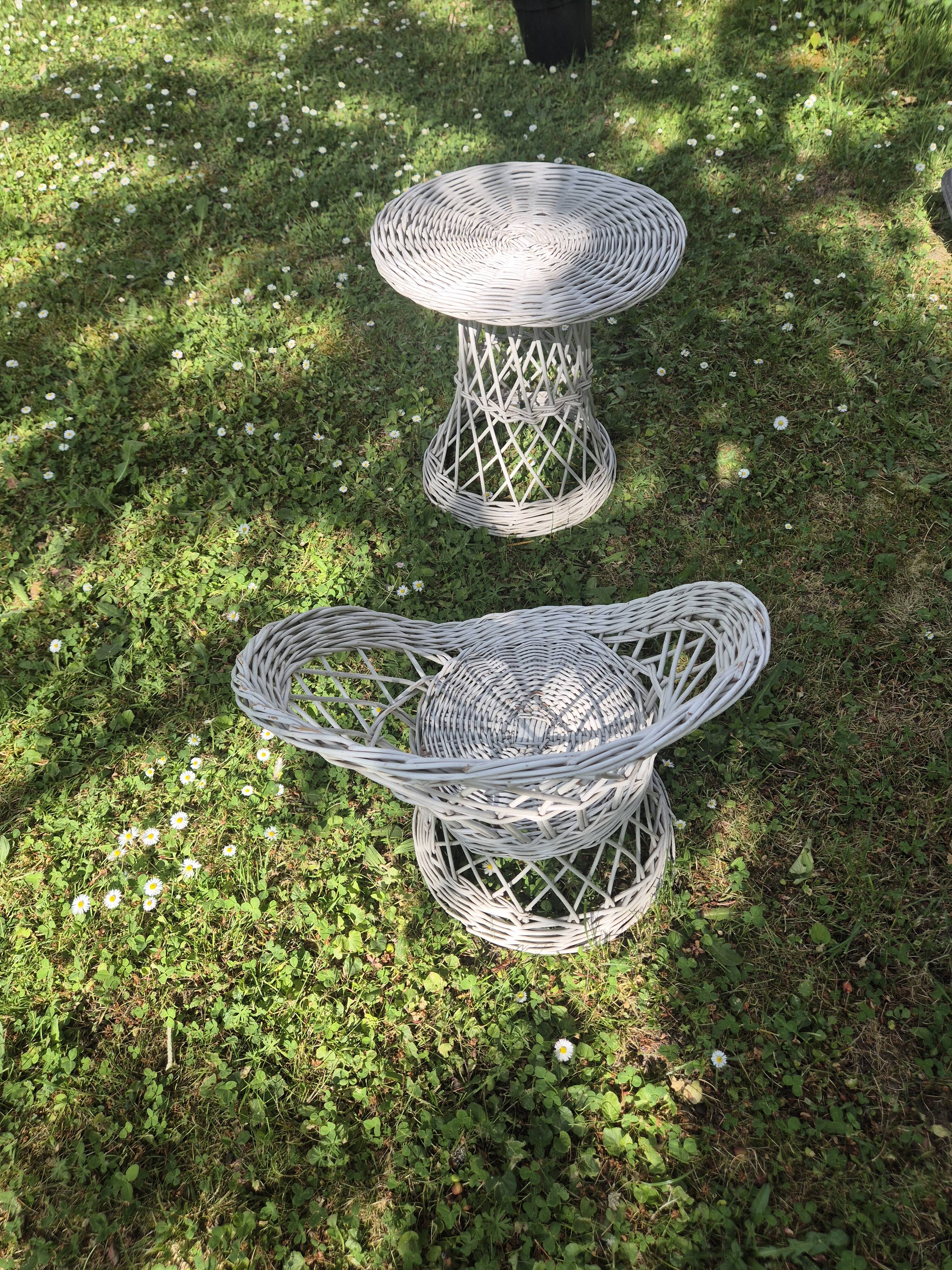Ensemble vintage salon fauteuil et table enfant en rotin blanc