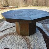 Octagonal slate brutalist coffee table from the 1970s