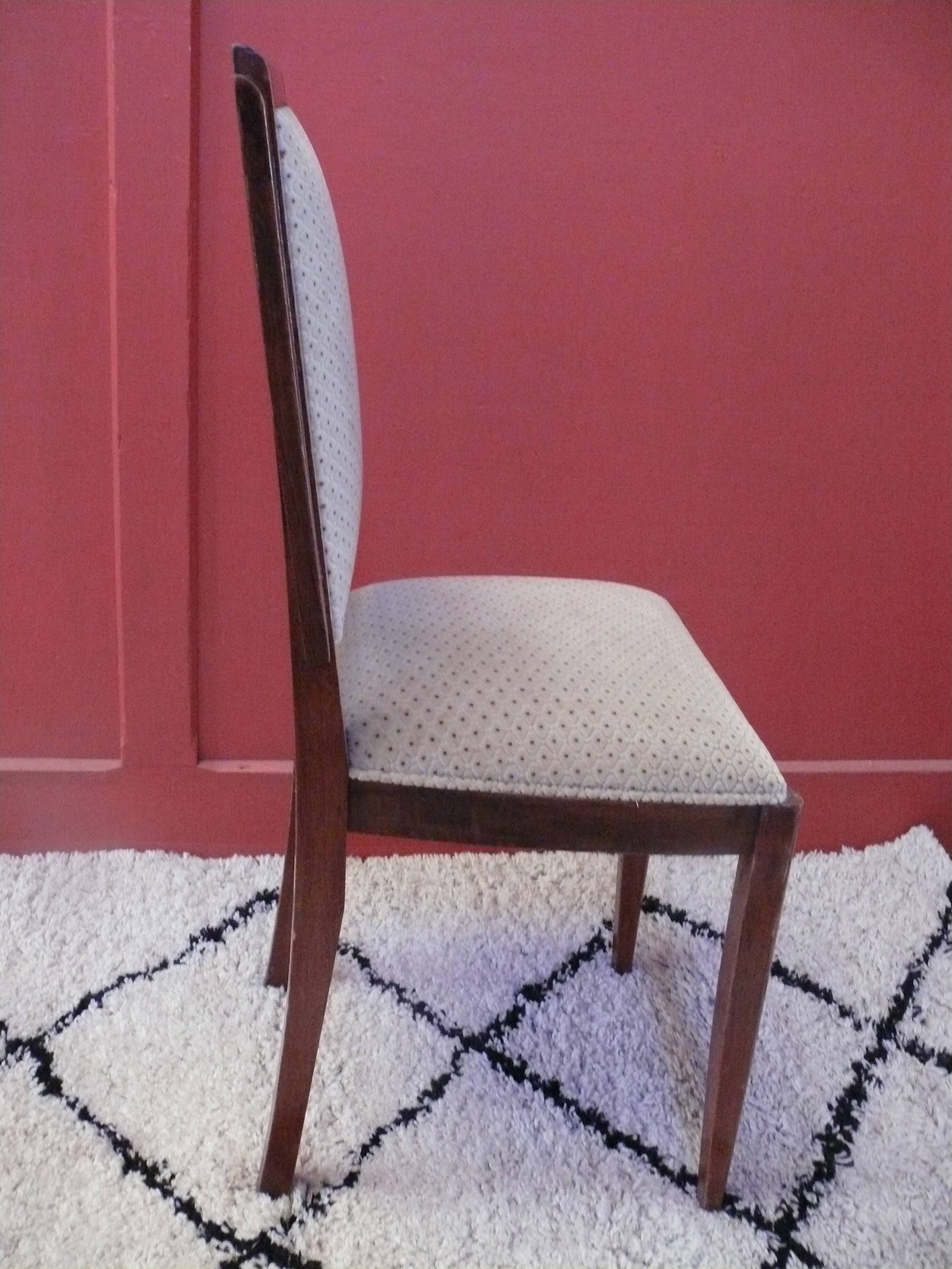 Six Art Deco chairs. Oak and original crushed velvet.