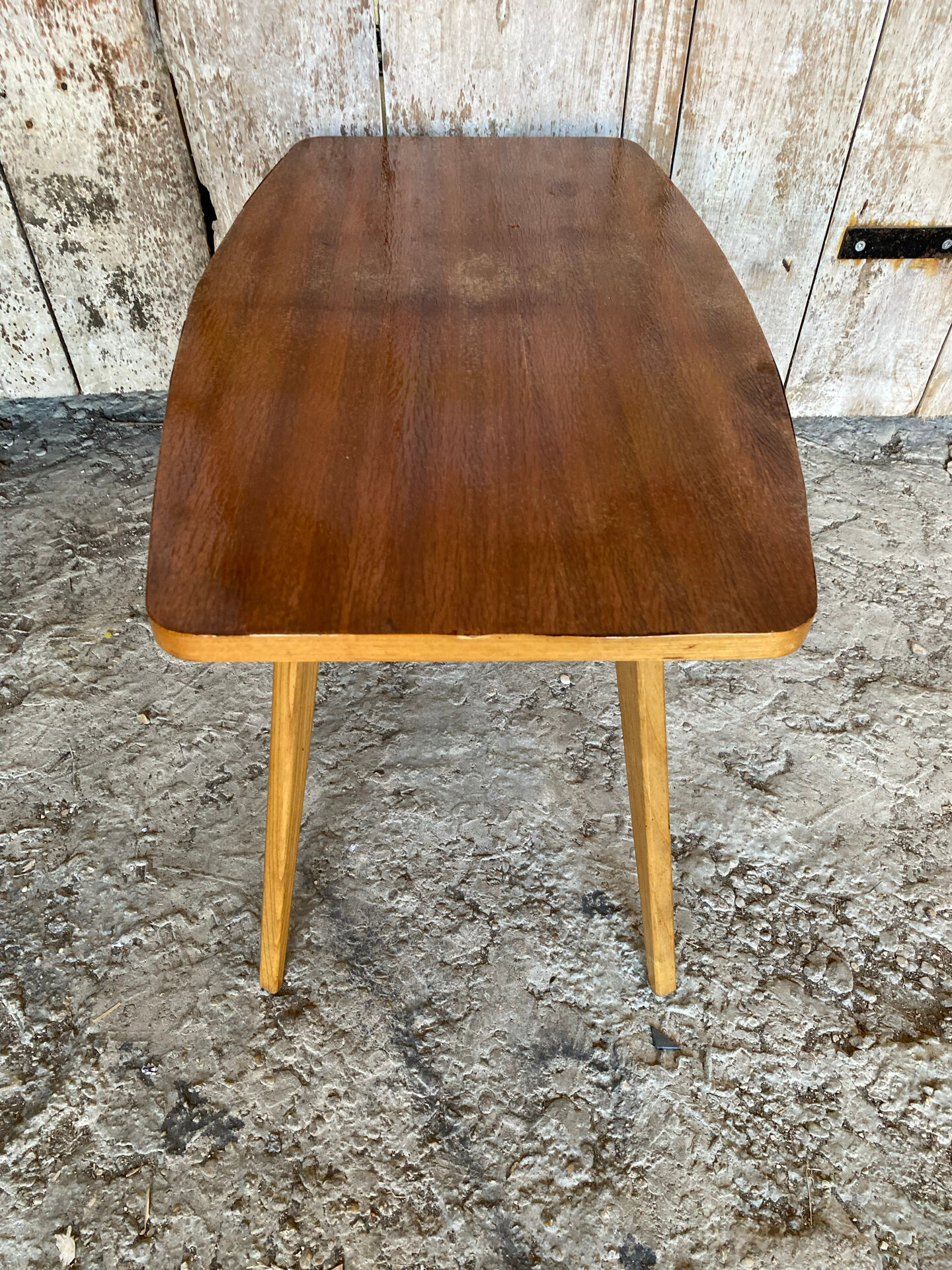 Table Basse Ancienne Scandinave Bois Pieds Compas Années 60 Vintage #E