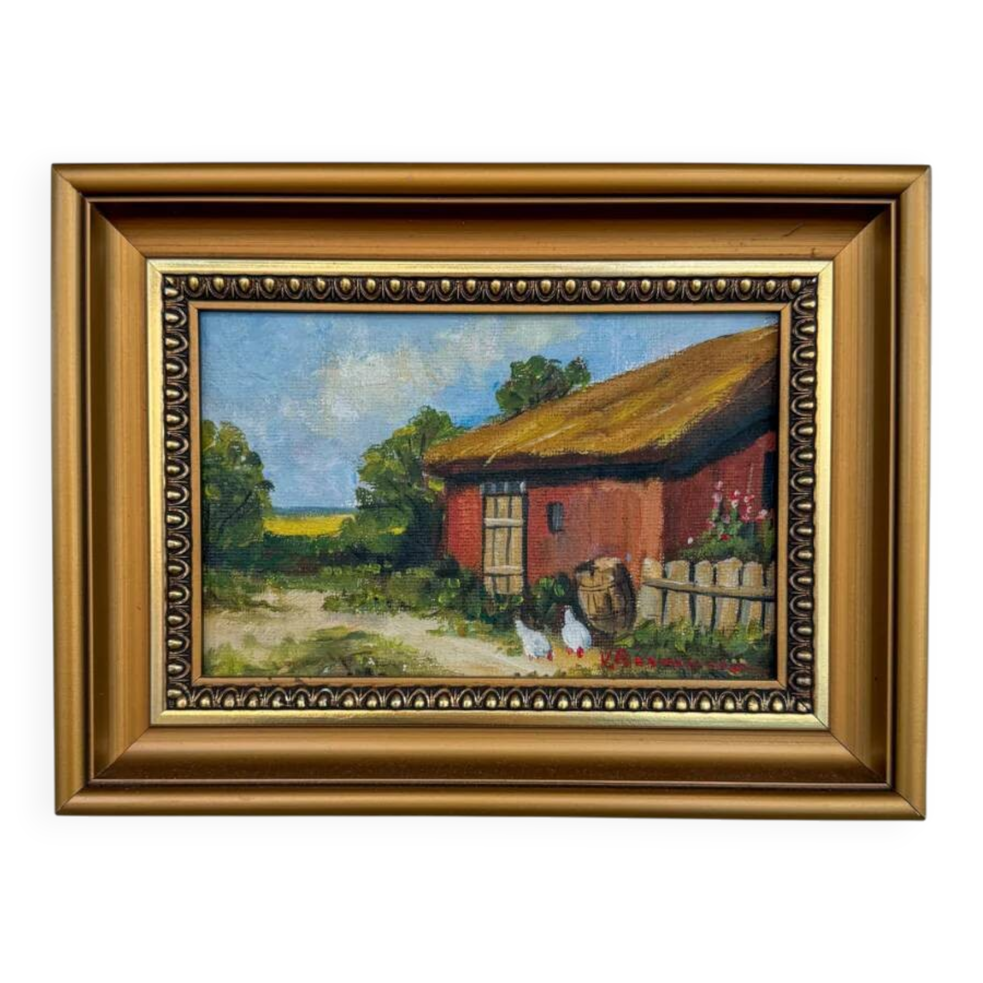 Old painting - Red barn and chickens